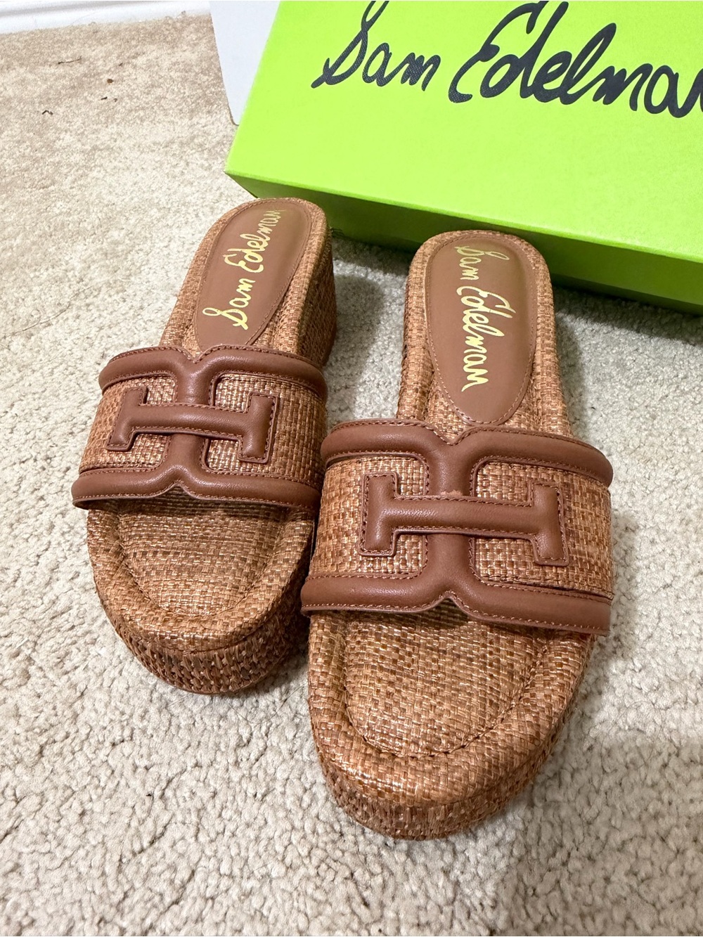 Sam Edelman Tan Woven Platform Mule Slides - Picture 2 of 3